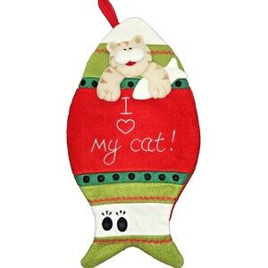 Adorable 3D Fish Shaped Cat Kitten Christmas Stocking Embroidered Felt